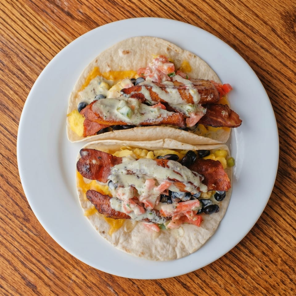 Two breakfast tacos with bacon, scrambled eggs, black beans, salsa, and creamy sauce on a white plate.