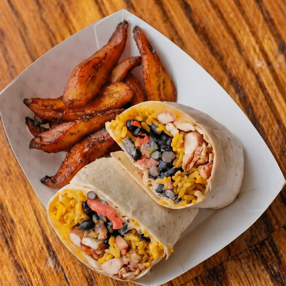 Two chicken and black bean burritos with yellow rice, served with roasted sweet potato wedges.