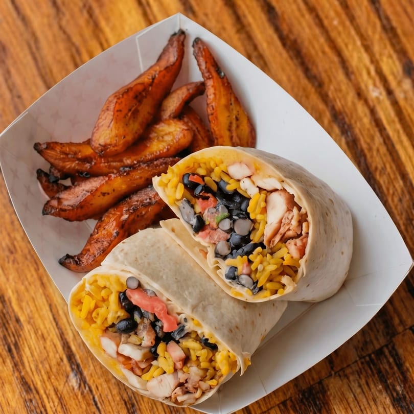 Two chicken and black bean burritos with yellow rice, served with roasted sweet potato wedges.