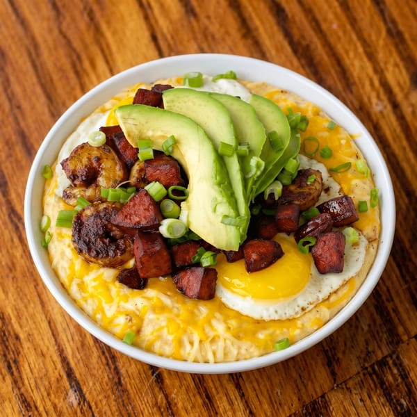 A white bowl of cheesy grits topped with shrimp, sausage, fried eggs, avocado, and green onions.